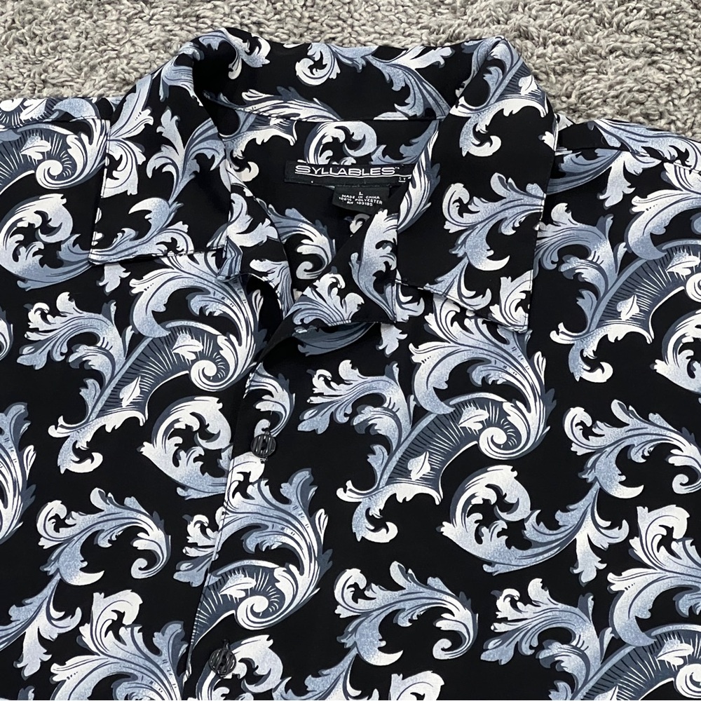 Syllables Hawaiian Shirt Men’s Large Black Floral Geometric Formal Wedding